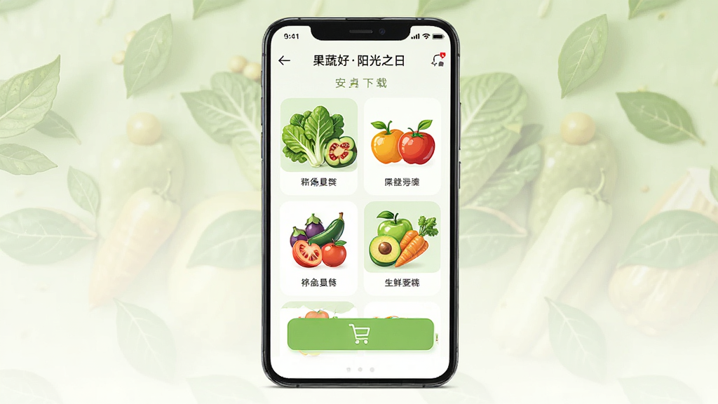 果蔬好阳光之日 安卓版下载界面 主体为一部智能手机展示生鲜购物APP首页 布局为居中手机样机 排版简洁 风格清新自然 细节包含新鲜蔬菜水果图标和购物车按钮 画质高清 干净 无多余元素