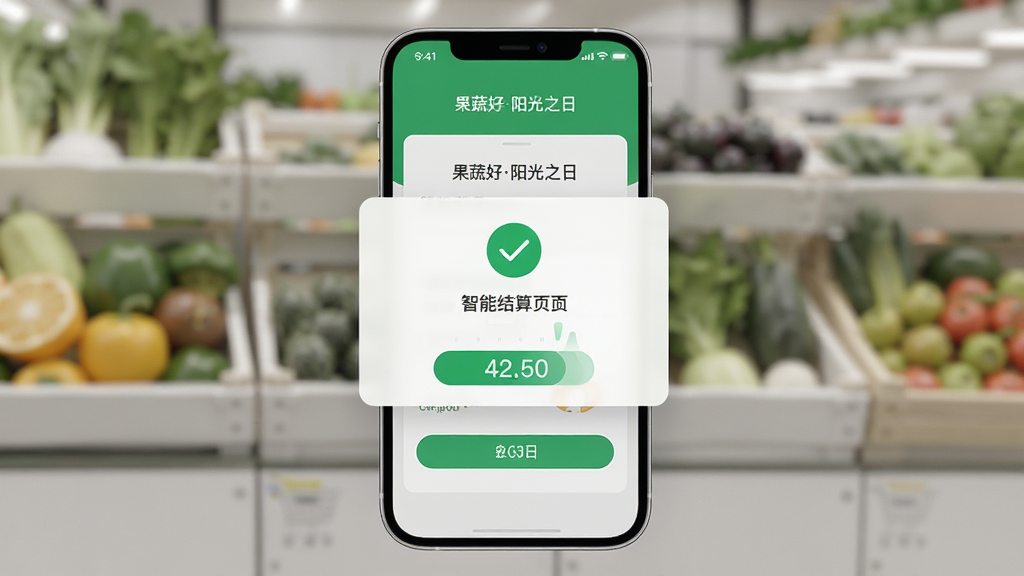 果蔬好阳光之日 智能结算页面 主体为手机屏幕显示支付成功界面 布局为居中弹窗 风格现代科技感 细节包含对勾图标和数字动画 画质锐利 干净 无多余元素