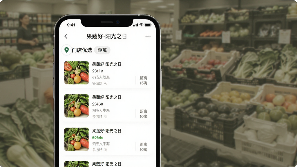 果蔬好阳光之日 门店优选界面 主体为手机屏幕显示附近超市列表 布局为列表式排版 风格简约商务 细节包含地图定位图标和距离显示 画质清晰 干净 无多余元素