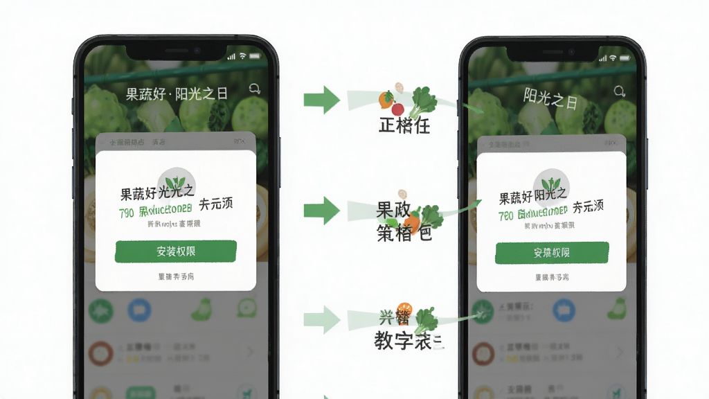 果蔬好阳光之日 手机安装步骤示意图 主体为手机屏幕显示安装权限开启界面 布局为步骤分解图 风格扁平化教学 细节包含箭头指引和文字说明 画质清晰 干净 无多余元素