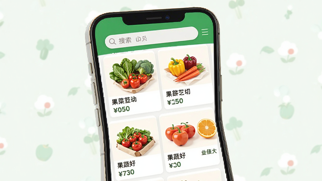 果蔬好阳光之日APP首页展示图,主体为一部智能手机屏幕,屏幕上显示着色彩鲜艳的新鲜蔬菜水果商品列表,布局为上下滚动式卡片排版,风格为清新明亮的扁平化设计,细节包括绿色的顶部导航栏、搜索框、商品缩略图与价格标签,画质清晰,干净,无多余元素