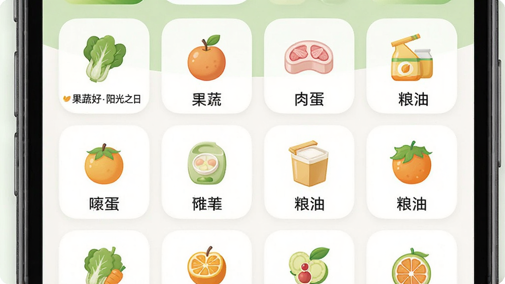 果蔬好阳光之日商品分类界面图,主体为手机屏幕特写,屏幕上展示着整齐的网格状商品分类图标,包括蔬菜、水果、肉蛋、粮油等,布局为四列多行排列,风格为柔和圆角卡片设计,细节包括每个图标下方的中文分类名称、清新的绿色与橙色点缀,画质清晰,干净,无多余元素,图片中文字为“果蔬好阳光之日”