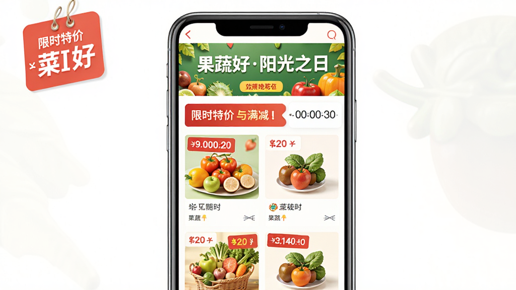 果蔬好阳光之日优惠活动页面图,主体为手机屏幕,屏幕上显示着限时特价横幅与满减标签,布局为顶部横幅加下方商品瀑布流,风格为热闹的促销风格,细节包括红色的价格标签、倒计时图标、商品图片与划线价,画质明亮,干净,无多余元素,图片中文字为“果蔬好阳光之日”