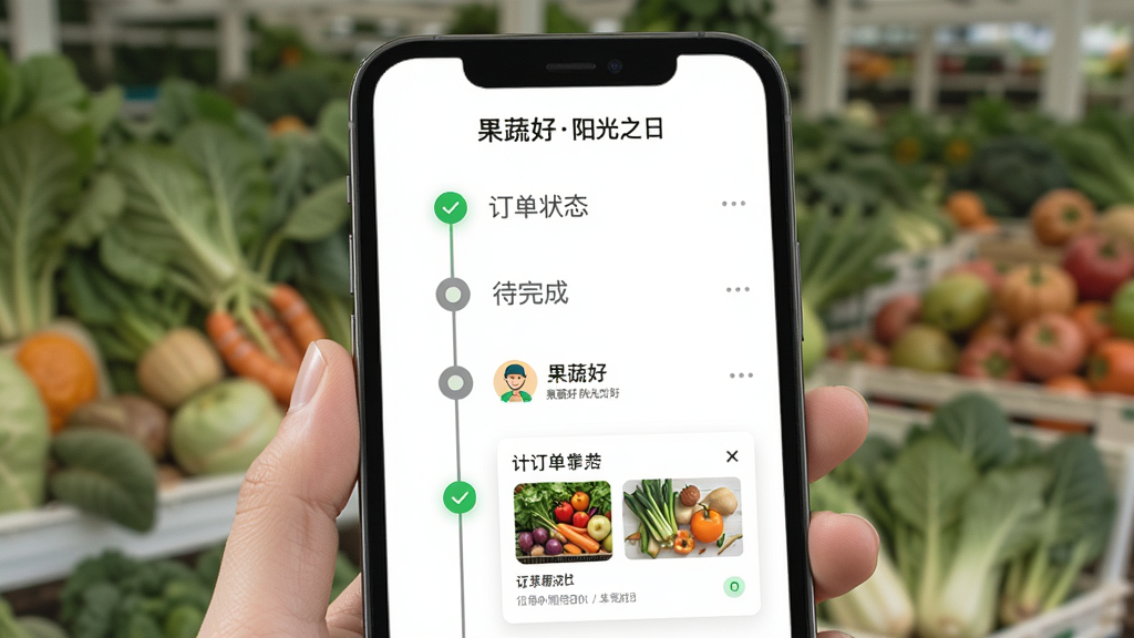 果蔬好阳光之日订单跟踪界面图,主体为手机屏幕,屏幕上显示着订单状态时间轴,布局为垂直时间线设计,风格为简约商务,细节包括绿色的完成节点、灰色的待完成节点、配送员图标、订单商品缩略图,画质清晰,干净,无多余元素,图片中文字为“果蔬好阳光之日”