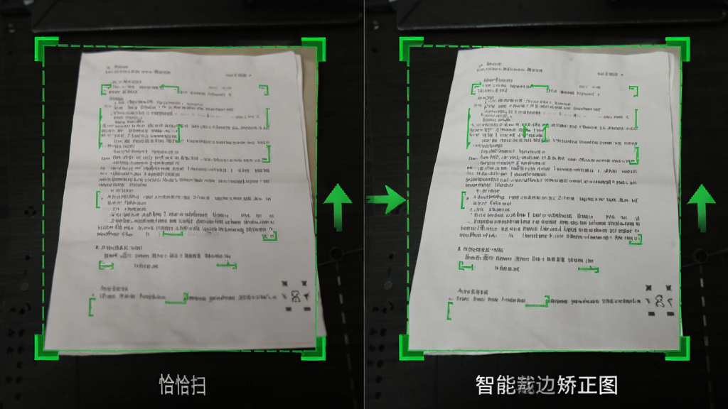 恰恰好扫描 智能裁边 功能展示 主体为一张倾斜拍摄的纸质文档 布局为左右对比 左侧为原始拍摄图 右侧为裁边矫正后的效果图 排版居中 风格为功能演示风 细节包含绿色识别边框 自动矫正箭头 画质清晰 干净 无多余元素