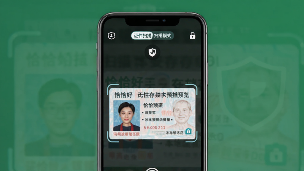 恰恰好扫描 证件扫描 安全存储 界面 主体为手机屏幕显示身份证扫描预览 布局为手机居中 排版为上下结构 上方为证件扫描模式标签 下方为预览图 风格为安全可靠风 细节包含盾牌图标 本地存储标识 画质清晰 干净 无多余元素