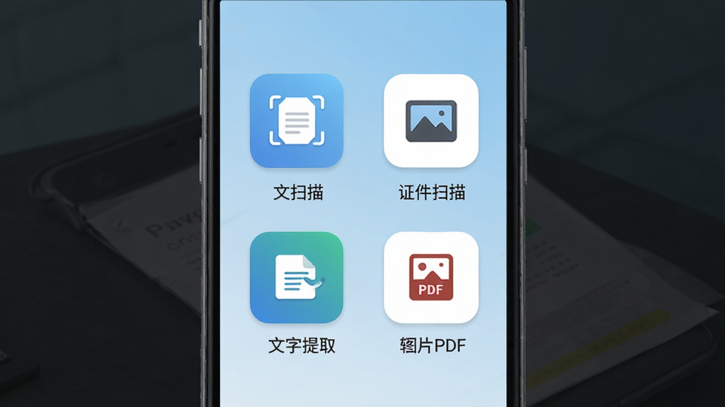 恰恰好扫描软件主界面预览图,主体为一部安卓手机屏幕,屏幕上展示扫描应用首页,包含文档扫描、证件扫描、文字提取、图片转PDF四个功能入口图标,布局为上下结构,排版整齐,风格为现代简约扁平化设计,细节包括浅蓝色渐变背景、圆角图标、清晰的功能文字标签,画质高清,干净整洁,无多余元素