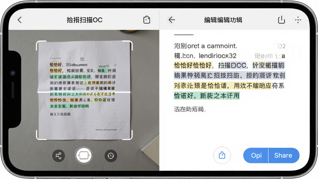 恰恰好扫描OCR文字识别功能界面图,主体为手机屏幕左右分屏展示,左侧为扫描的纸质文档图片,右侧为识别出的可编辑文字内容,布局为左右对比结构,排版清晰,风格为现代商务简约风,细节包括识别文字的高亮标记、复制与分享按钮、顶部功能标题栏,画质高清,干净整洁,无多余元素
