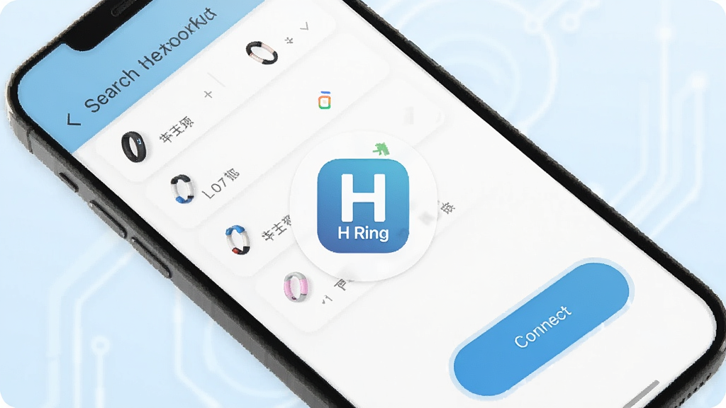 一张展示H Ring应用蓝牙配对界面的手机截图,画面中手机屏幕显示搜索到的智能戒指设备列表,旁边有一个醒目的连接按钮,背景为淡蓝色科技感风格,画面中央有H Ring应用图标,整体布局简洁,画质清晰,干净无多余元素