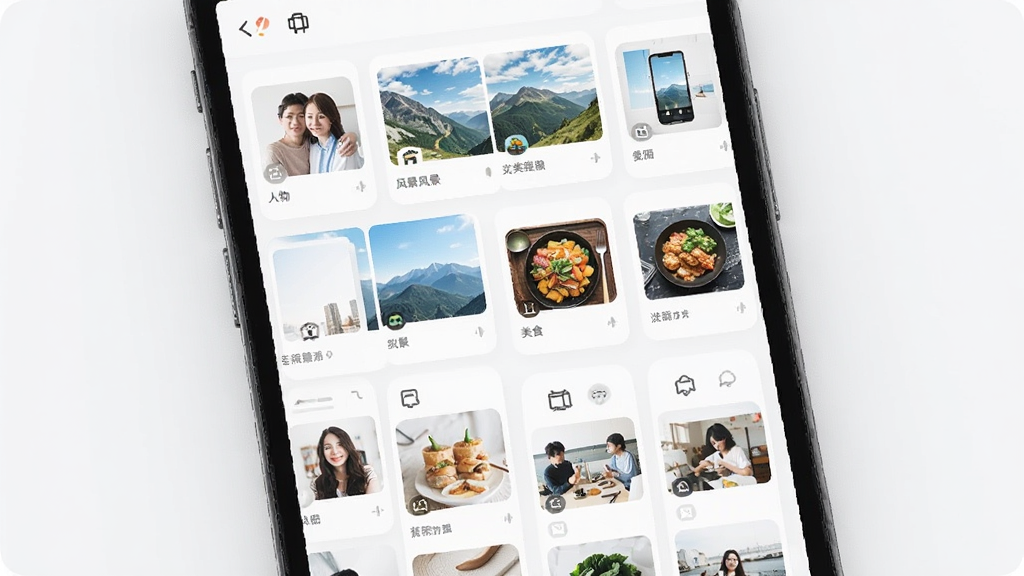 轻相册智能分类功能展示,主体为手机屏幕中轻相册应用的分类相册界面,布局为多个分类卡片排列,包含人物、风景、美食、截图等标签,排版整齐,风格清新浅色,细节有分类图标和图片缩略图,画质高清,干净,无多余元素