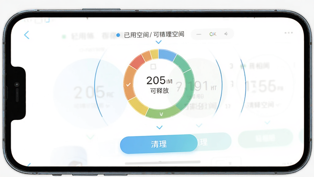 轻相册一键清理功能展示,主体为手机屏幕中轻相册应用的存储清理界面,布局为圆形存储占用图和清理按钮,排版直观,风格清爽简约,细节有已用空间和可释放空间数字,画质高清,干净,无多余元素
