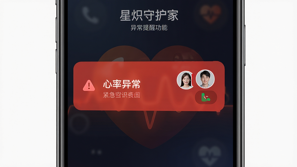 星炽守护家异常提醒功能界面,手机屏幕弹出红色警告通知,显示“心率异常”字样,旁边有紧急联系人头像和拨号图标,背景为深色渐变,突出警示效果,风格专业,细节到位,画质清晰,干净无多余元素