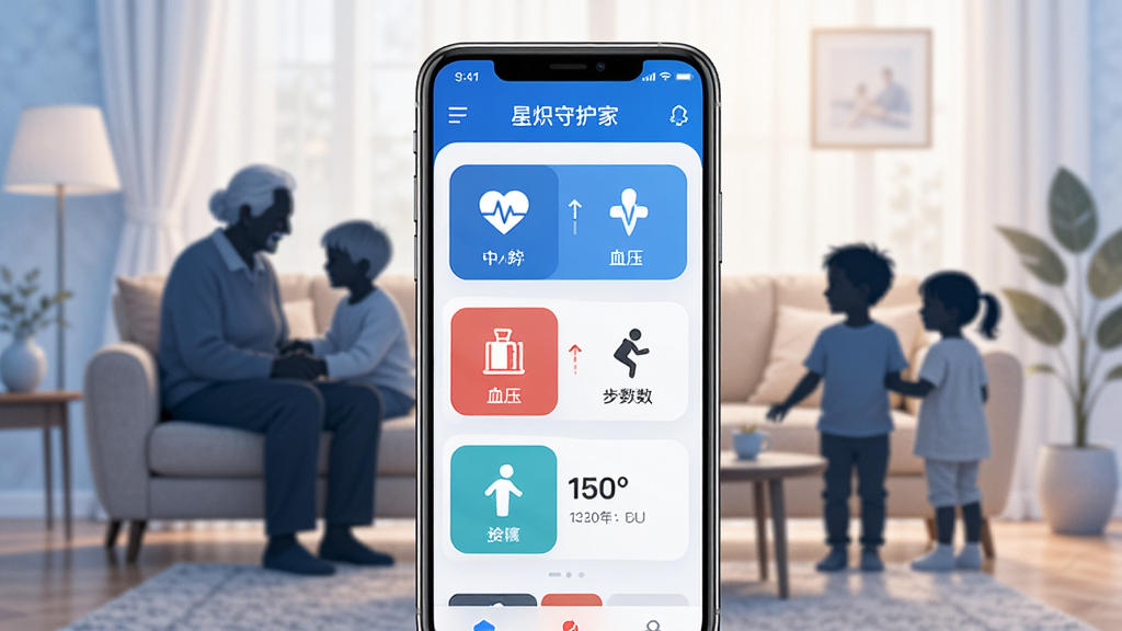 星炽守护家软件主界面展示,画面中央是一部智能手机,屏幕上显示健康数据监测面板,包含心率、血压、步数等图标,背景为温馨的家庭客厅场景,有老人与小孩的剪影,整体色调以蓝色和白色为主,布局清晰,风格现代简约,细节丰富,画质高清,干净无多余元素