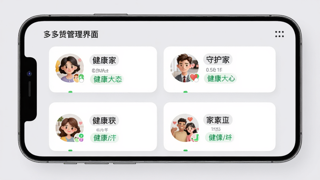 星炽守护家多成员管理界面,手机屏幕显示家庭成员列表,每个成员配有头像和健康状态标签,界面采用卡片式布局,背景为柔和浅灰色,风格温馨,细节清晰,画质高清,干净无多余元素