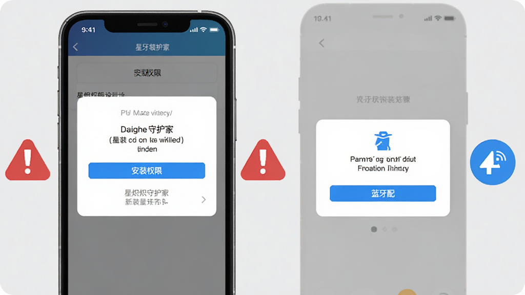 星炽守护家新手安装步骤示意图,手机屏幕显示安装权限设置界面和蓝牙配对弹窗,旁边有红色警告图标和蓝色提示图标,背景为浅灰色,风格清晰,细节明确,画质高清,干净无多余元素