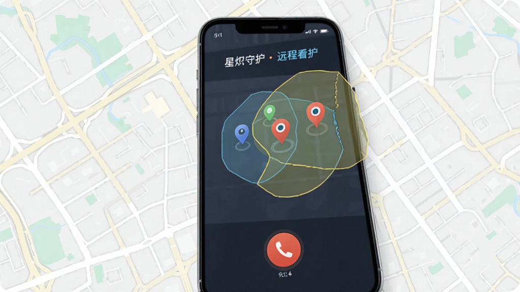 星炽守护家远程看护功能展示,手机屏幕显示地图定位点和安全区域范围,下方有语音通话按钮,背景为城市地图简图,风格直观,细节丰富,画质高清,干净无多余元素