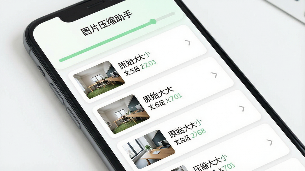 一张展示手机应用批量压缩功能的界面图,画面中手机屏幕显示“图片压缩助手”的批量处理列表,列表中排列着多张缩略图,每张图旁边标注原始大小和压缩后大小,顶部有进度条显示压缩进度,界面采用卡片式布局,配色为白色与浅绿色,风格清爽简约,画质清晰,无多余元素