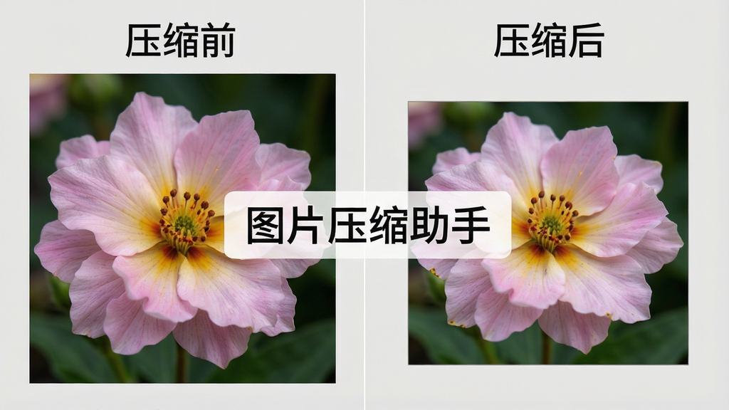 一张展示图片压缩前后画质对比的示意图,画面分为左右两部分,左侧标注“压缩前”显示一张高清花朵照片,右侧标注“压缩后”显示同样照片但文件更小,画面中央有“图片压缩助手”字样,整体风格写实清晰,背景为浅灰色,画质细腻,无多余元素