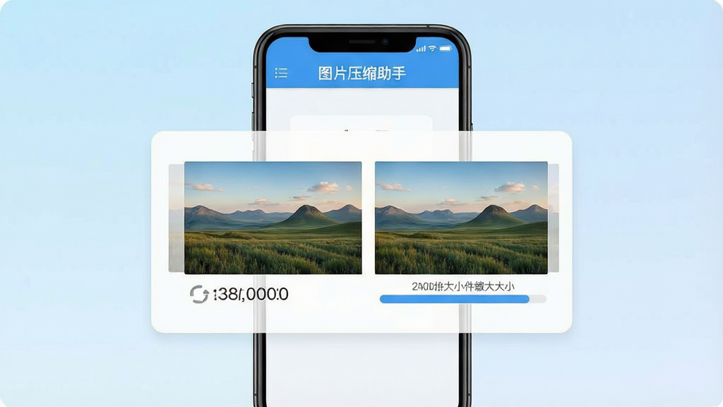 一张展示手机屏幕的预览图,屏幕上打开着名为“图片压缩助手”的应用界面,界面中央显示一张风景照片压缩前后的对比效果,左侧是原图文件大小,右侧是压缩后文件大小,整体采用扁平化设计风格,背景为浅蓝色渐变,画面干净整洁,突出应用名称“图片压缩助手”,画质清晰,无多余元素
