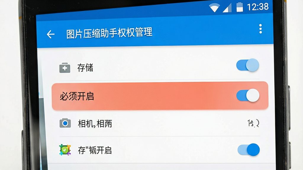 一张展示手机应用权限设置界面的示意图,画面中手机屏幕显示“图片压缩助手”的权限管理页面,包含存储、相机、相册等权限开关,其中存储权限被高亮标注为“必须开启”,界面风格为安卓原生设置样式,配色为白色与蓝色,画质清晰,无多余元素