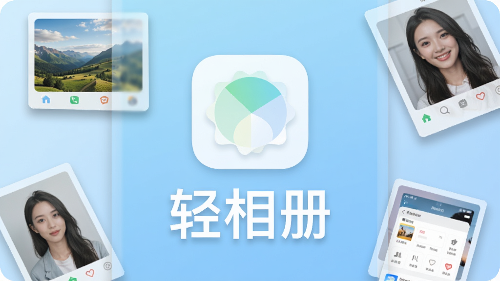手机屏幕中央展示名为“轻相册”的应用图标,图标下方用大号字体写着“轻相册”三个字,背景是浅蓝色渐变,周围漂浮着几张半透明的照片缩略图,包括风景、人像和截图,整体布局简洁居中,风格清爽现代,细节上照片边缘带有轻微阴影,画质清晰干净,无多余元素