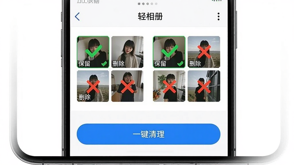 手机屏幕显示“轻相册”的相似照片清理界面,屏幕上半部分展示两组相似照片的对比缩略图,每组有三张相似照片,其中一张被绿色勾选标记为“保留”,另外两张被红色叉号标记为“删除”,下半部分有一个蓝色按钮写着“一键清理”,背景为白色,风格简洁,画质清晰,无多余元素