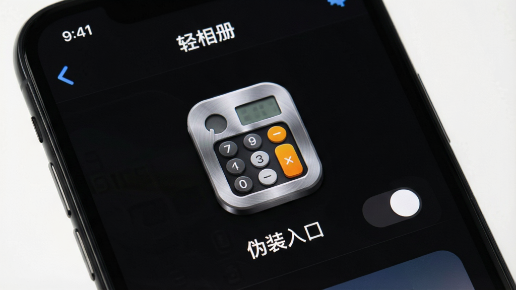 手机屏幕展示“轻相册”的私密相册设置页面,页面中央有一个计算器样式的图标,图标下方用中文写着“伪装入口”,旁边有开关按钮,背景为深色模式,细节上图标带有金属质感,画质清晰,无多余元素