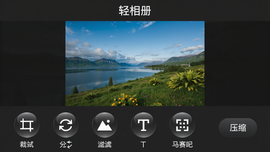 手机屏幕展示“轻相册”的编辑界面,屏幕中央是一张风景照片,下方排列着裁剪、旋转、滤镜、文字、马赛克五个圆形图标,图标下方用中文标注功能名称,右侧有一个“压缩”按钮,背景为深灰色,细节上图标带有高光效果,画质清晰,无多余元素