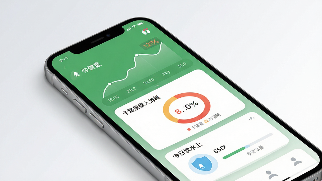 Fit减肥软件官方界面展示,主体为一款智能手机屏幕,屏幕内显示清新的绿色健康仪表盘,包含体重曲线、卡路里摄入与消耗环形图、今日饮水量图标,布局采用卡片式设计,排版简洁直观,风格为现代扁平化UI设计,细节上手机边缘有柔和阴影,背景为浅灰与白色渐变,画质高清,干净,无多余元素。