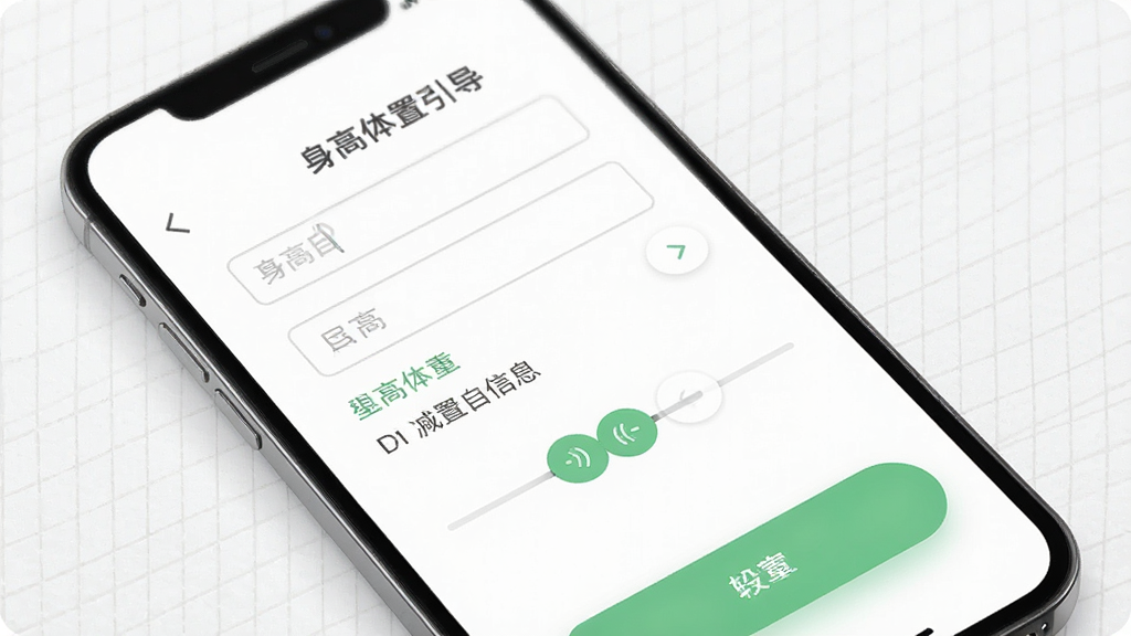 Fit减肥软件新手设置引导页面,主体为手机屏幕,屏幕内显示填写身高体重信息的表单,布局为垂直排列的输入框与滑动选择器,排版清晰,风格为极简白底,细节上按钮为圆角绿色,背景有淡淡网格纹理,画质高清,干净,无多余元素。
