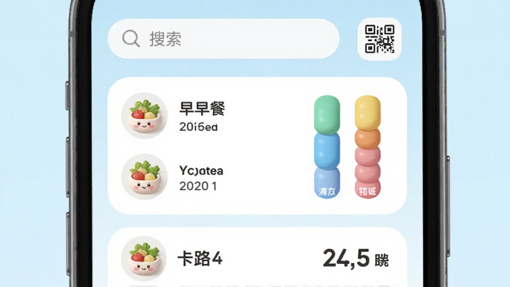 Fit减肥软件饮食记录界面,主体为手机屏幕特写,屏幕中央展示一份早餐的清单,旁边有彩色营养比例条,布局为上下结构,上方是搜索框和扫码图标,下方是食物列表与卡路里数字,风格为清新浅色系,细节上食物图标圆润可爱,背景为淡蓝色,画质清晰,干净,无多余元素。