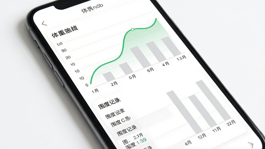 Fit减肥软件数据趋势界面,主体为手机屏幕,屏幕内显示折线图与柱状图组合,布局为上方体重曲线、下方围度记录列表,排版工整,风格为商务简约风,细节上曲线为绿色平滑线条,柱状为浅灰色,背景纯白,画质清晰,干净,无多余元素。