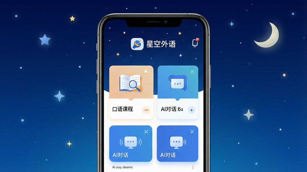 一张展示星空外语软件界面的预览图,画面中央是手机屏幕,屏幕内显示星空外语APP的首页,顶部有星空外语的LOGO和名称,下方排列着口语课程卡片和AI对话入口,背景是深蓝色星空渐变,点缀着星星和月亮元素,整体风格清新科技感,画面干净整洁,无多余杂乱元素,高清画质
