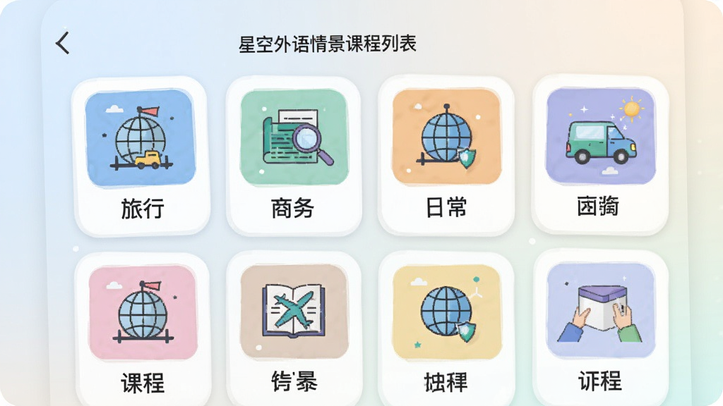 一张展示星空外语情景课程列表的预览图,画面中手机屏幕显示着多个课程分类图标,包括旅行、商务、日常等标签,每个图标配有简洁的插画,界面采用卡片式布局,背景是柔和的浅色渐变,整体风格清新明快,画质干净,无杂乱元素