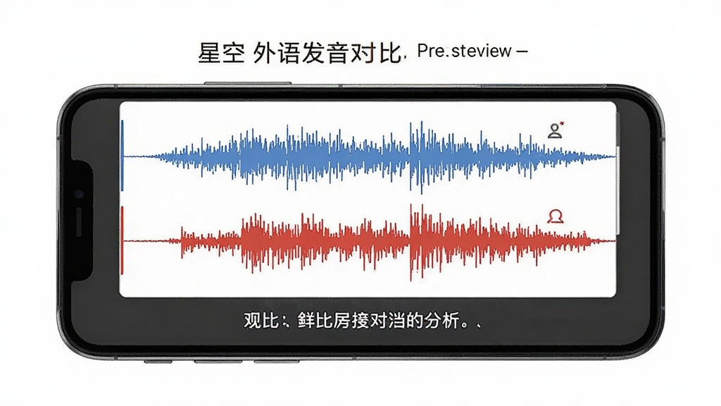 一张展示星空外语发音对比功能的预览图,画面中手机屏幕显示着两条声波波形,一条是标准发音的蓝色波形,一条是用户录音的红色波形,下方有对比分析的文字提示,界面简洁专业,背景是纯白色,画质清晰,无多余装饰