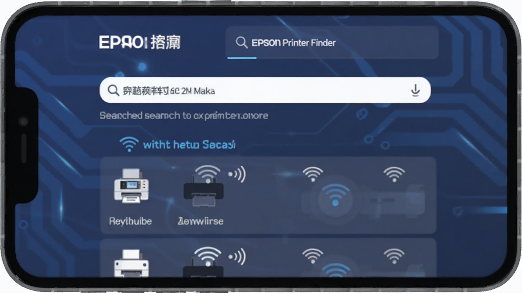 一张展示Epson Printer Finder自动搜索打印机功能的图片,主体为手机屏幕显示搜索进度条和已发现的打印机列表,布局为居中展示,风格为扁平化科技风,细节包括搜索动画、打印机图标、WiFi信号标识,画质清晰,干净,无多余元素