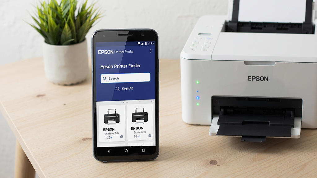 一张展示Epson Printer Finder软件界面的图片,主体为一部安卓手机屏幕,屏幕上显示着Epson Printer Finder的应用主界面,界面中央有一个醒目的搜索按钮,下方列出几台已发现的Epson打印机图标和设备名称,布局采用上下结构,手机放置在浅色木纹桌面上,旁边有一台白色的Epson打印机,风格为现代科技简约风,细节包括手机屏幕的反光、打印机上的指示灯、桌面上的绿植点缀,画质清晰,干净,无多余元素
