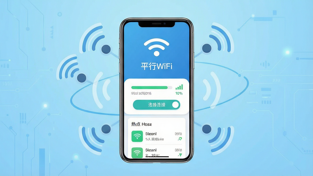一张展示平行WiFi手机应用界面的竖版插画,画面中央是一部现代智能手机,屏幕显示平行WiFi的首页界面,上方有WiFi信号图标和“平行WiFi”文字标识,周围环绕着多个无线网络节点和信号波纹图形,背景为浅蓝色渐变科技风格,布局简洁居中,排版清晰,风格为扁平化UI插画,细节包括信号强度条、连接按钮、热点列表卡片,画质高清,干净,无多余元素