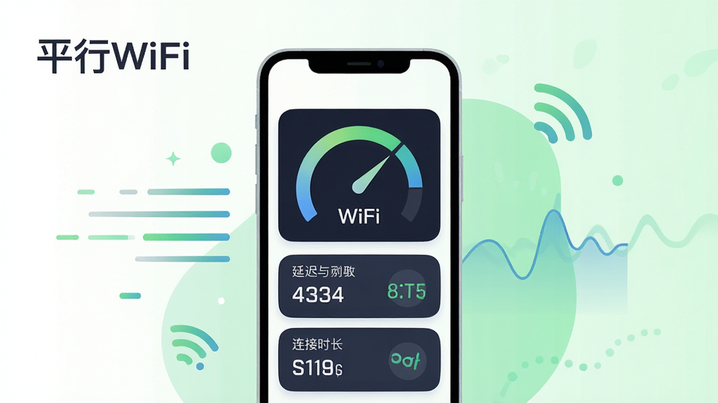 平行WiFi网络监测功能界面插画,手机屏幕显示信号强度仪表盘、延迟数值和连接时长,周围有速度线条和网络波动图形,风格为清新科技扁平风,主体为手机居中,背景为白色与浅绿色渐变,细节有“平行WiFi”文字,画质高清,干净,无多余元素