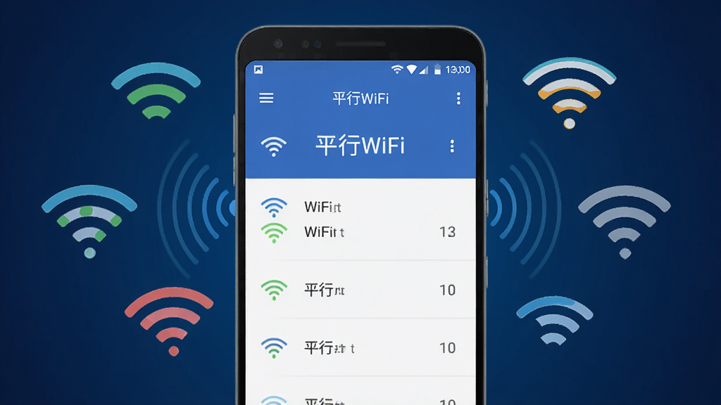 一部安卓手机屏幕显示平行WiFi热点列表界面,周围漂浮着多个WiFi信号图标,信号强弱用不同颜色标注,画面风格为科技感扁平插画,主体居中,背景为深蓝色渐变,细节有“平行WiFi”字样和信号波纹,画质高清,干净,无多余元素