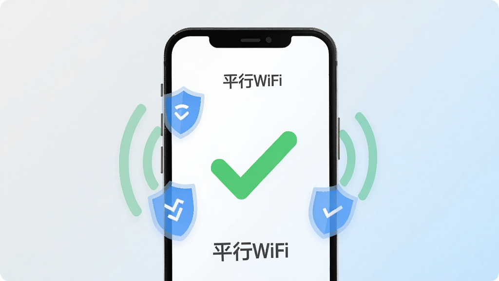 一部手机屏幕显示平行WiFi连接成功界面,绿色对勾图标醒目,周围有安全盾牌和信号波纹装饰,画面风格为清新扁平插画,主体手机居中,背景为浅灰色与淡蓝色渐变,细节有“平行WiFi”文字标识,画质高清,干净,无多余元素