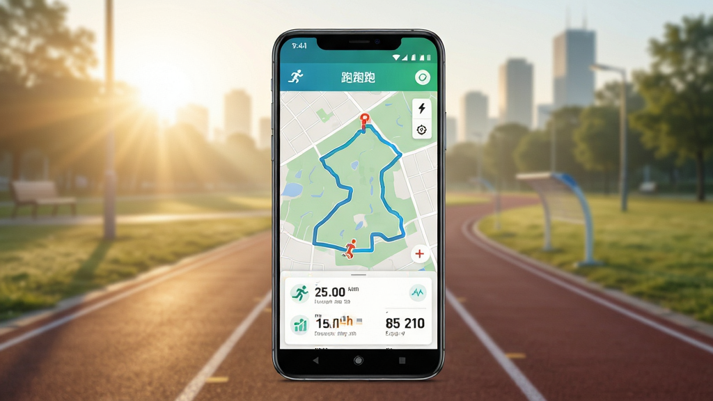 软件名称“跑跑”运动跑步助手应用主界面预览图,画面中央展示一部安卓手机,手机屏幕内呈现跑步轨迹地图与配速数据面板,背景为清晨城市公园跑道,阳光柔和,整体布局简洁清晰,风格为写实科技风,细节包括跑道线条、数据图表、运动图标,画质高清、干净、无多余元素