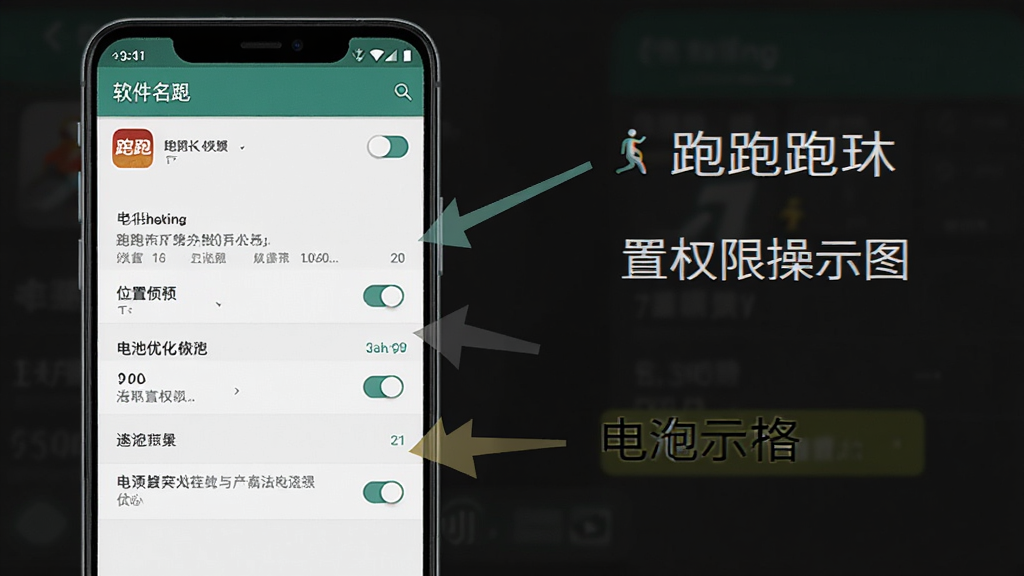 软件名称“跑跑”新手设置权限操作示意图,画面展示安卓手机设置界面与跑跑应用权限选项,布局为手机屏幕截图风格,突出位置权限与电池优化选项,风格为简洁教程风,细节包括权限开关、提示文字、箭头引导,画质清晰、干净、无多余元素