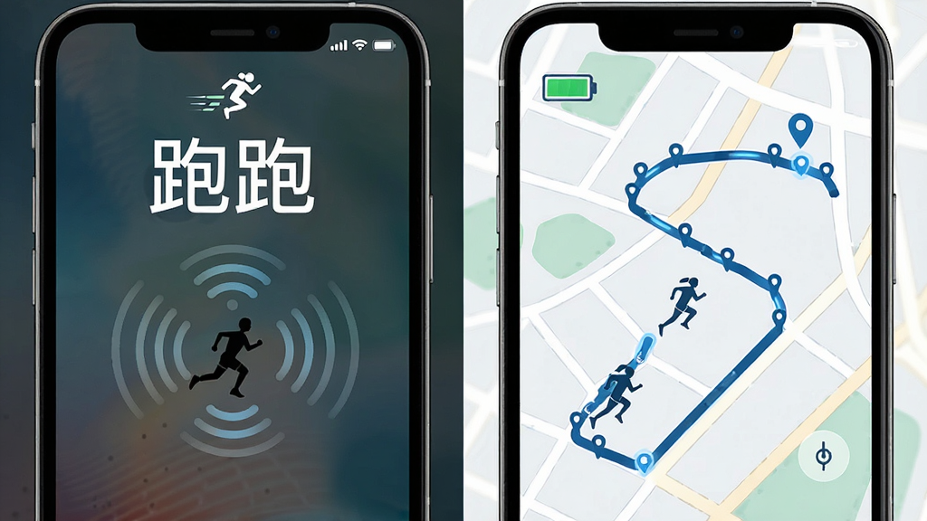 软件名称“跑跑”后台运行与低功耗功能示意图,画面展示手机锁屏界面与跑步轨迹持续记录的对比场景,布局为左右分屏,左侧为锁屏状态,右侧为轨迹地图延伸,风格为简约科技插画风,细节包括电池图标、定位信号波纹、跑步小人剪影,画质高清、干净、无多余元素
