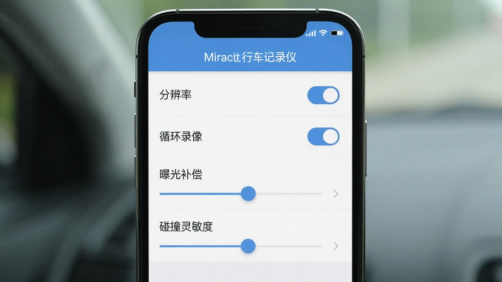 手机屏幕显示“Miracle行车记录仪”设置界面,界面中包含分辨率、循环录像、曝光补偿、碰撞灵敏度等选项,布局为手机竖屏居中,排版整齐,风格为扁平化UI风,细节包括中文标签、开关按钮、滑块控件,画质清晰,画面干净,无多余元素