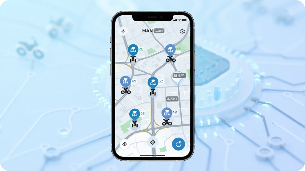 MAN����Ħ�������ҳ����ܽ��棬����Ϊ�ֻ���Ļ��ʾ���е�ͼ����ͼ�Ϸֲ����Ħ�г�ͼ���붨λ���ݣ�����Ϊ����չʾ�ֻ����棬����Ϊ����ɫ����Ƽ��е�ͼ�����Ϊ��ƽ��UI��Ʒ磬ϸ�ڰ�����ͼ��·����������ͼ������������ע��ˢ�°�ť�����������ɾ��޶���Ԫ��