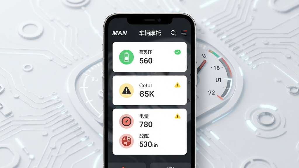 MAN����Ħ�г���״̬�����棬����Ϊ�ֻ���Ļչʾ����������ⱨ�棬����̥ѹ���������������ͼ������ֵ������Ϊ���п�Ƭʽչʾ������Ϊǳ��ɫ�Ƽ����ƣ����Ϊ��ˬ����磬ϸ�ڰ�����ɫ����״̬��ʶ����ɫ�����ʶ�������Ǳ���Ԫ�أ����������ɾ��޶���Ԫ��