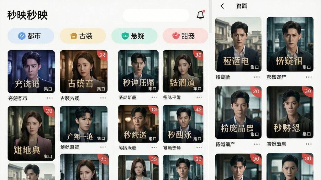 手机应用界面展示短剧分类页面,顶部有