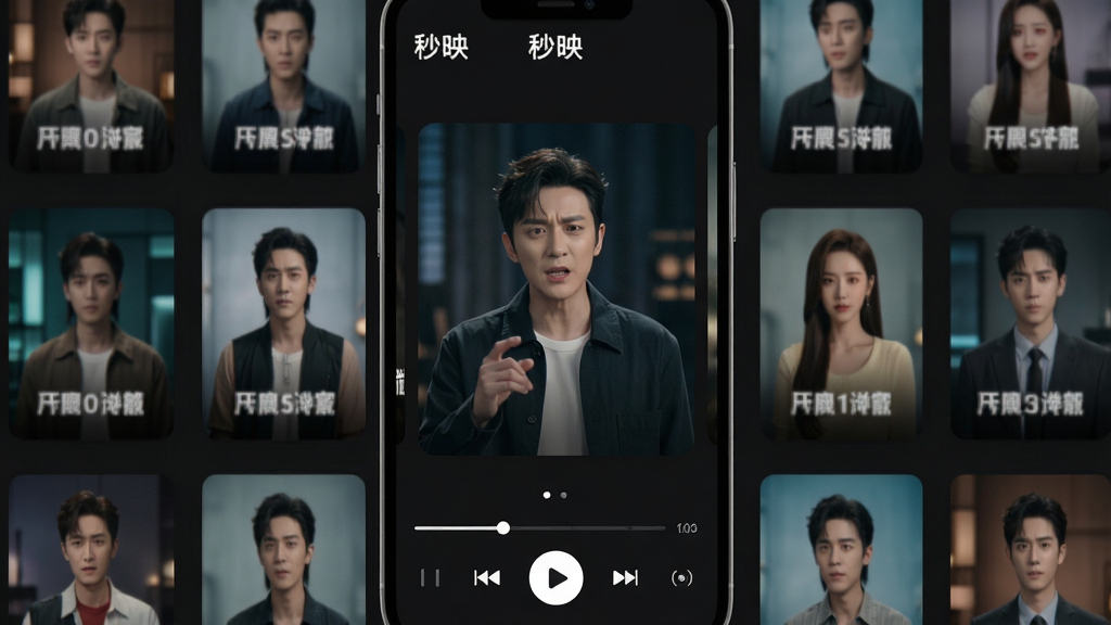 手机屏幕竖屏展示短剧播放界面,画面中央是一位演员正在表演,周围环绕多个短剧封面缩略图,顶部有