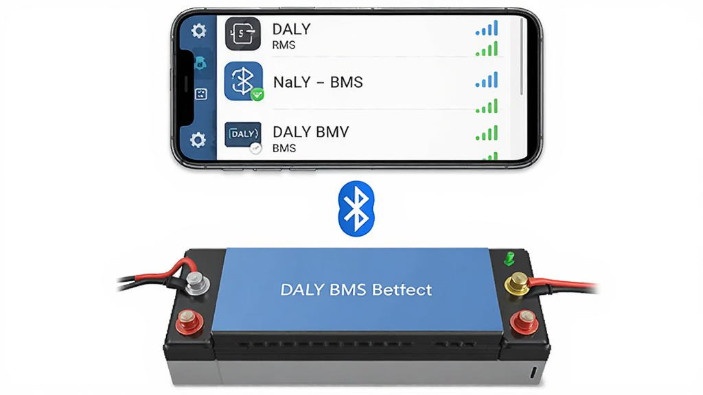 主体是手机与锂电池组通过蓝牙连接的示意图,手机屏幕显示DALY BMS设备列表,布局为上下结构,上方是手机,下方是电池组,中间用蓝色蓝牙符号连接,排版直观,风格为科技插画风,细节包含“DALY BMS”应用图标、设备名称、信号强度条,画质高清干净无多余元素